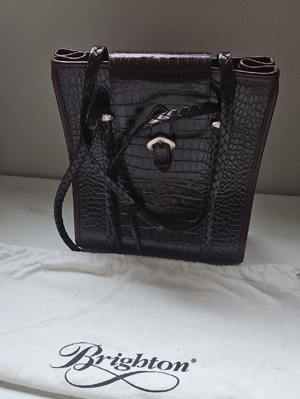 Brighton Dark Chocolate Croc-Embossed Leather Tote with Braided Straps